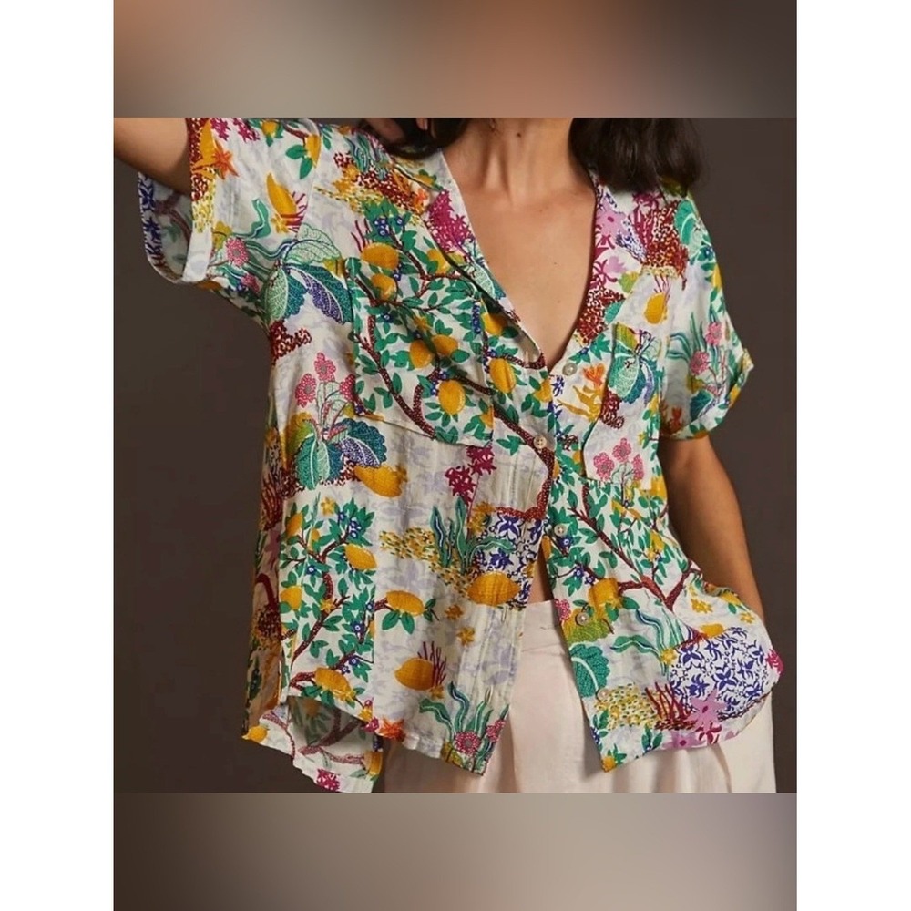 Maeve Anthropologie Tropical Fruit Button Down Shirt XS Lemon Split Back White